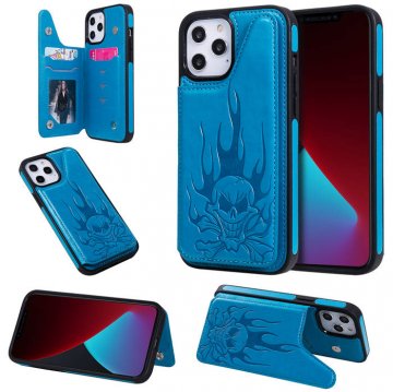 iPhone 12 Pro Max Embossed Skull Magnetic Clasp Wallet Stand Case Blue