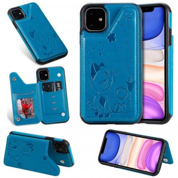 iPhone 11 Bee and Cat Embossing Magnetic Card Slots Cover Blue
