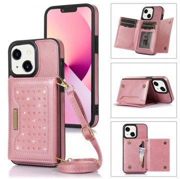 Bling Crossbody Bag Wallet iPhone 14 Case with Lanyard Strap Rose Gold