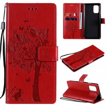 OnePlus 8T Embossed Tree Cat Butterfly Wallet Stand Case Red