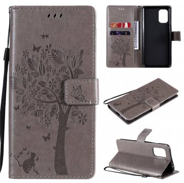 OnePlus 8T Embossed Tree Cat Butterfly Wallet Stand Case Gray