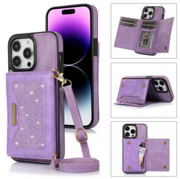 Bling Crossbody Bag Wallet iPhone 14 Pro Case with Lanyard Strap Purple
