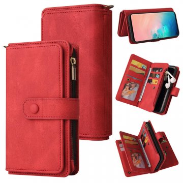 For Samsung Galaxy S10 Wallet 15 Card Slots Case with Wrist Strap Red