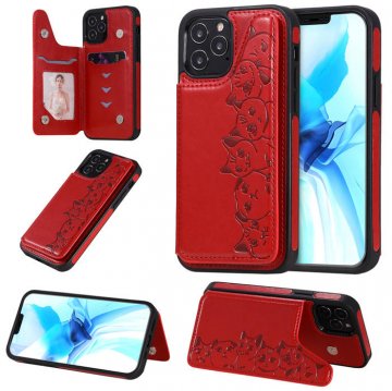 iPhone 12 Pro Luxury Cute Cats Magnetic Card Slots Stand Case Red