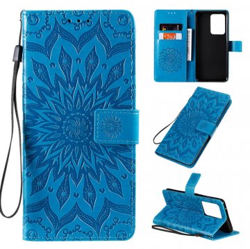Samsung Galaxy S20 Ultra Embossed Sunflower Wallet Stand Case Blue