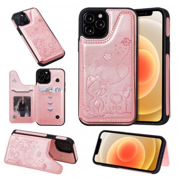 iPhone 12 Pro Luxury Bee and Cat Magnetic Card Slots Stand Cover Rose Gold