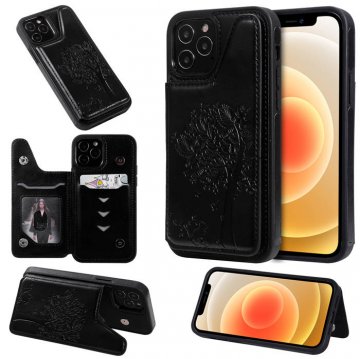 iPhone 12 Pro Embossed Tree Cat Magnetic Clasp Wallet Stand Case Black