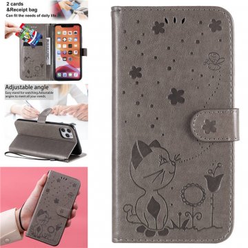 iPhone 11 Pro Max Embossed Cat Bee Wallet Magnetic Stand Case Gray