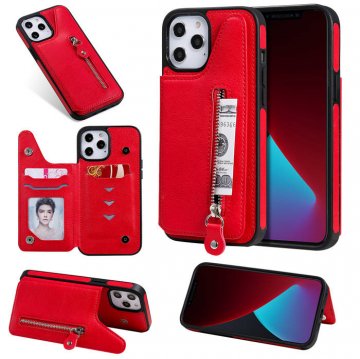 iPhone 12 Pro Max Zipper Pocket Card Slots Magnetic Clasp Stand Case Red
