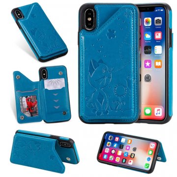 iPhone XS Bee and Cat Embossing Card Slots Stand Cover Blue