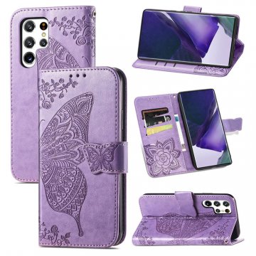 Butterfly Embossed Leather Wallet Kickstand Case Lavender For Samsung