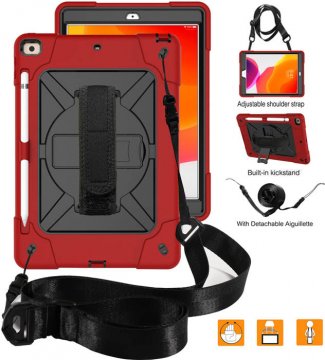 iPad 10.2 inch 2019 Kickstand Hand Strap and Detachable Shoulder Strap Shockproof Cover Red + Black