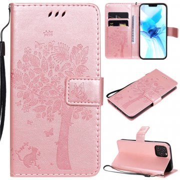 iPhone 12 Pro Embossed Tree Cat Butterfly Wallet Stand Case Rose Gold