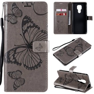 Motorola Moto G9 Play Embossed Butterfly Wallet Magnetic Stand Case Gray