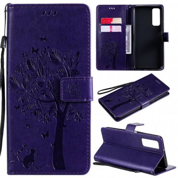 Huawei P Smart 2021 Embossed Tree Cat Butterfly Wallet Stand Case Purple