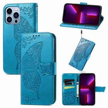 Butterfly Embossed Leather Wallet Kickstand Case Blue For iPhone