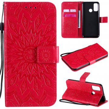 Huawei P Smart 2020 Embossed Sunflower Wallet Stand Case Red
