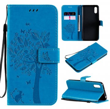 Xiaomi Redmi 9A Embossed Tree Cat Butterfly Wallet Stand Case Blue