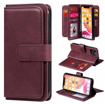 iPhone 11 Pro Multi-function 10 Card Slots Wallet PU Leather Case Claret