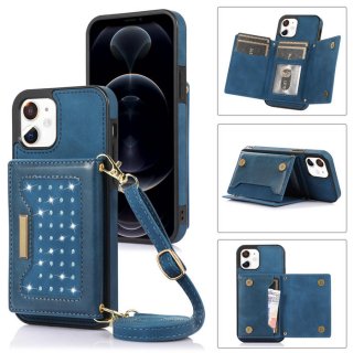 Bling Crossbody Bag Wallet iPhone 12 Mini Case with Lanyard Strap Blue