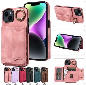 For iPhone 14 Card Holder Ring Kickstand PU Leather Case Pink