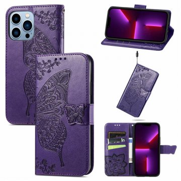 Butterfly Embossed Leather Wallet Kickstand Case Purple For iPhone
