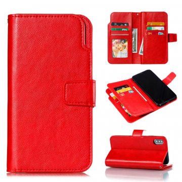 iPhone X Wallet 9 Card Slots Stand Crazy Horse Leather Case Red