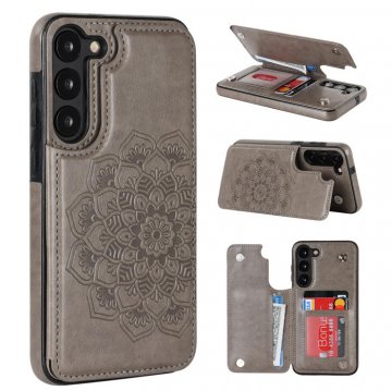 Mandala Embossed Samsung Galaxy S23 Plus Case with Card Holder Gray