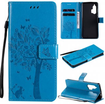 Motorola Edge Plus Embossed Tree Cat Butterfly Wallet Stand Case Blue