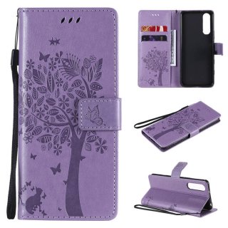 Sony Xperia 5 II Embossed Tree Cat Butterfly Wallet Stand Case Lavender