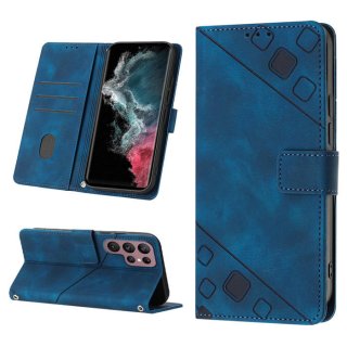 Skin-friendly Samsung Galaxy S22 Ultra Wallet Stand Case with Wrist Strap Blue