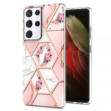 Samsung Galaxy S21 Ultra Flower Pattern Marble Electroplating TPU Case Pink