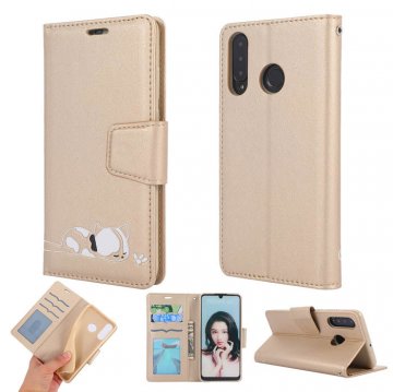 Huawei P30 Lite Cat Pattern Wallet Magnetic Stand Case Gold