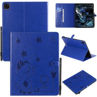 iPad Pro 12.9 inch 2020 Embossed Cat Wallet Stand Leather Case Blue