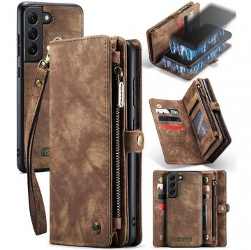 CaseMe Samsung Galaxy S21 FE Zipper Wallet Case with Wrist Strap Coffee