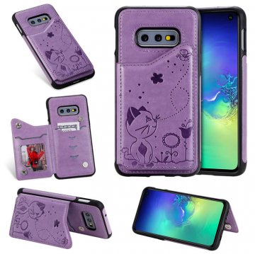 Samsung Galaxy S10e Bee and Cat Magnetic Card Slots Stand Cover Purple