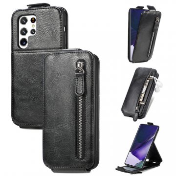 Zipper Pocket Vertical Flip Wallet Stand Case Black For Samsung