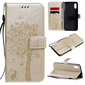 Xiaomi Redmi 9A Embossed Tree Cat Butterfly Wallet Stand Case Gold