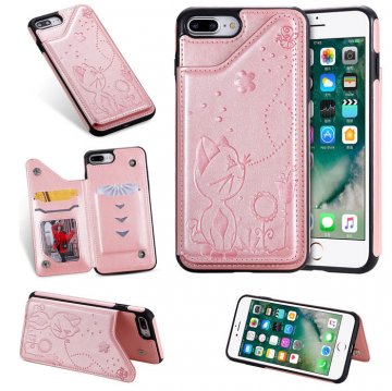 iPhone 7 Plus/8 Plus Bee and Cat Embossing Card Slots Stand Cover Rose Gold