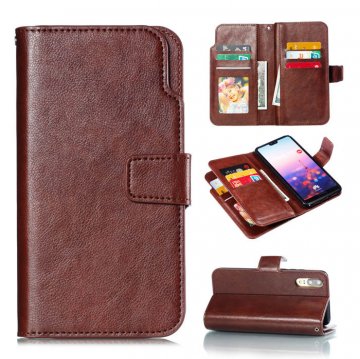 Huawei P20 Wallet Stand Leather Case with 9 Card Slots Brown