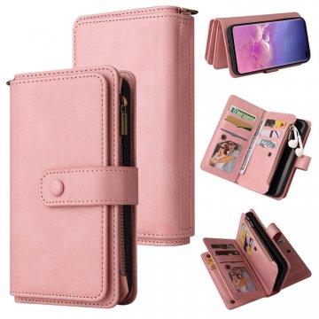 For Samsung Galaxy S10 Plus Wallet 15 Card Slots Case with Wrist Strap Pink