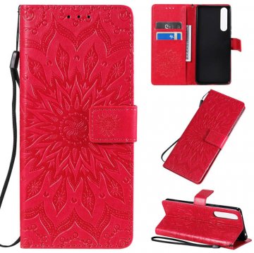 Sony Xperia 1 II Embossed Sunflower Wallet Stand Case Red
