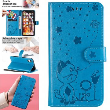 iPhone XR Embossed Cat Bee Wallet Magnetic Stand Case Blue
