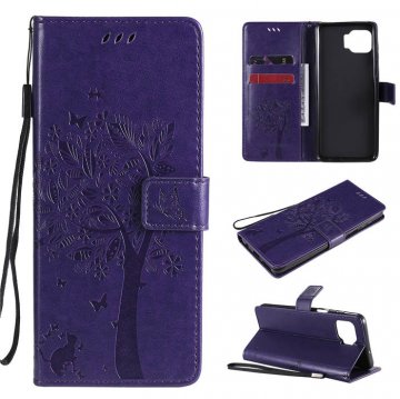 Motorola Moto G 5G Plus Embossed Tree Cat Butterfly Wallet Stand Case Purple