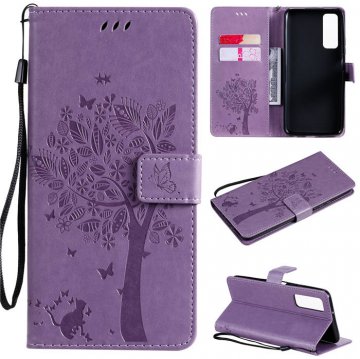 Huawei P Smart 2021 Embossed Tree Cat Butterfly Wallet Stand Case Lavender