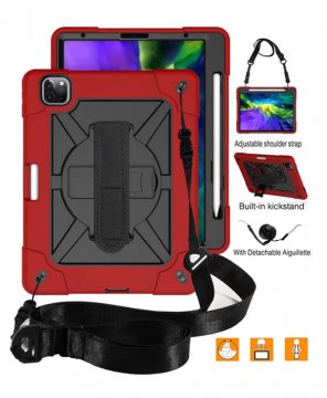 iPad Pro 11 inch 2020 Kickstand Hand strap and Detachable Shoulder Strap Cover Red + Black