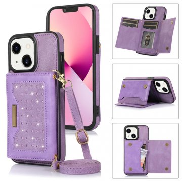 Bling Crossbody Bag Wallet iPhone 14 Plus Case with Lanyard Strap Purple