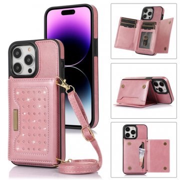 Bling Crossbody Bag Wallet iPhone 14 Pro Case with Lanyard Strap Rose Gold