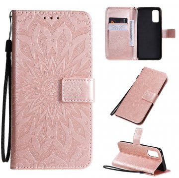 Samsung Galaxy S20 Embossed Sunflower Wallet Stand Case Rose Gold