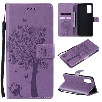 Samsung Galaxy S20 FE Embossed Tree Cat Butterfly Wallet Stand Case Lavender